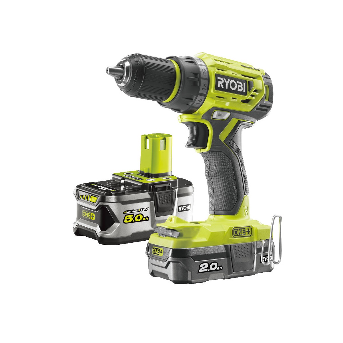 Ryobi R18DD7-252Saku bezuhlíkový 18 V šroubovák/vrtačka + 1x 2Ah + 1x 5Ah baterie + nabíječka ONE+