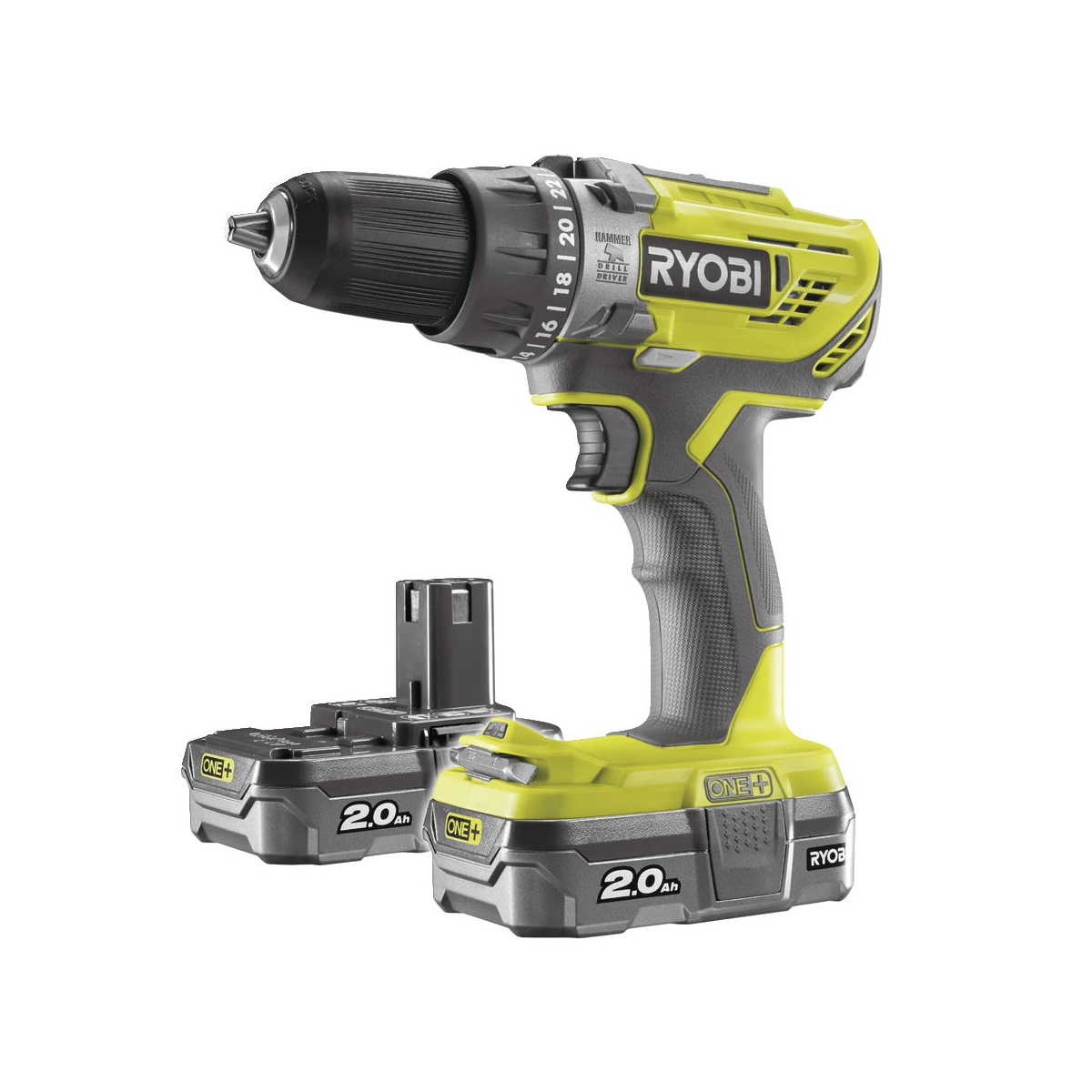 Ryobi R18PD3-220Saku 18 V vrtačka + 2x baterie 2 Ah + nabíječka ONE+