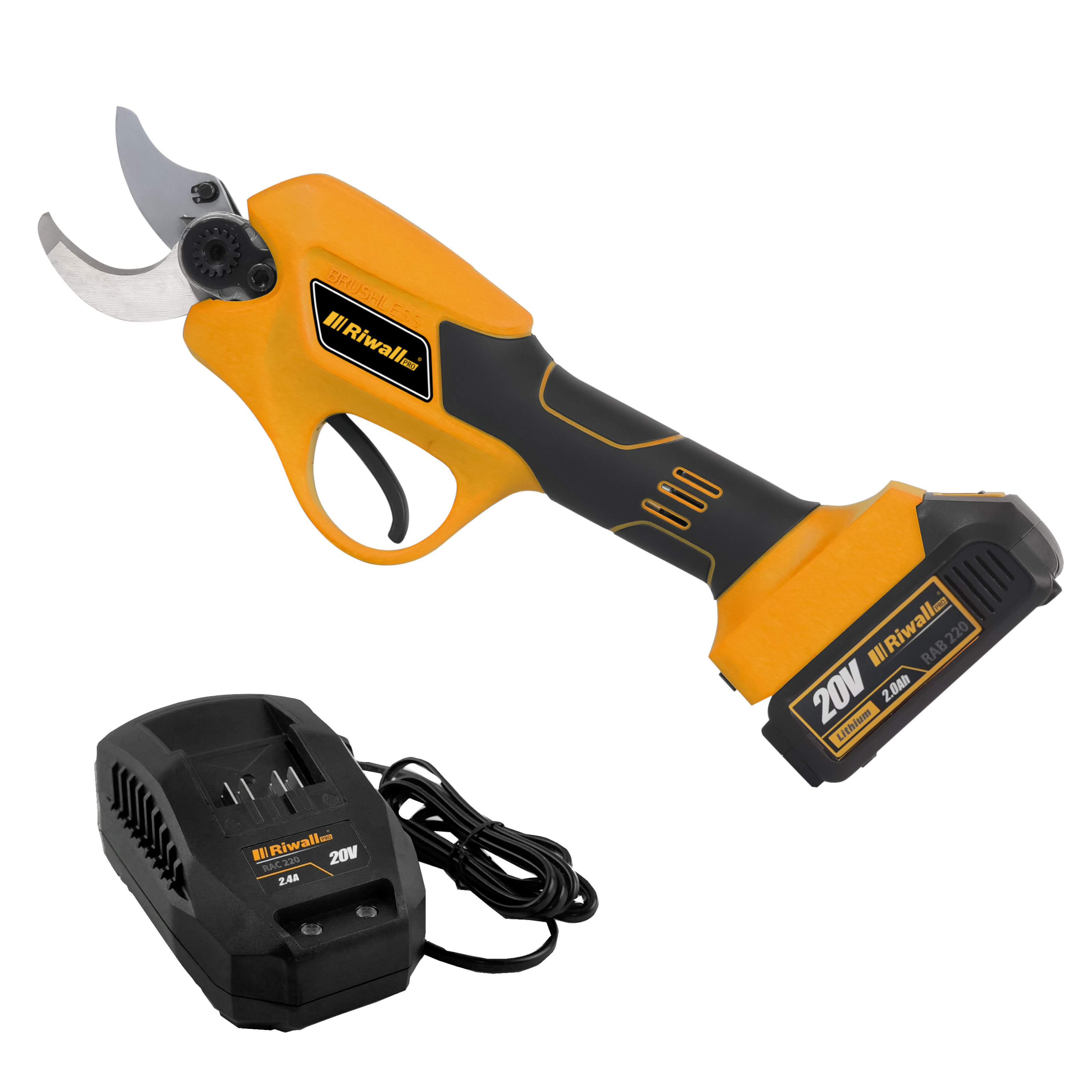 Riwall PRO RAP 3020i SET-aku nůžky na větve 20 V s bezuhlíkovým motorem + 2Ah baterie + nabíječka